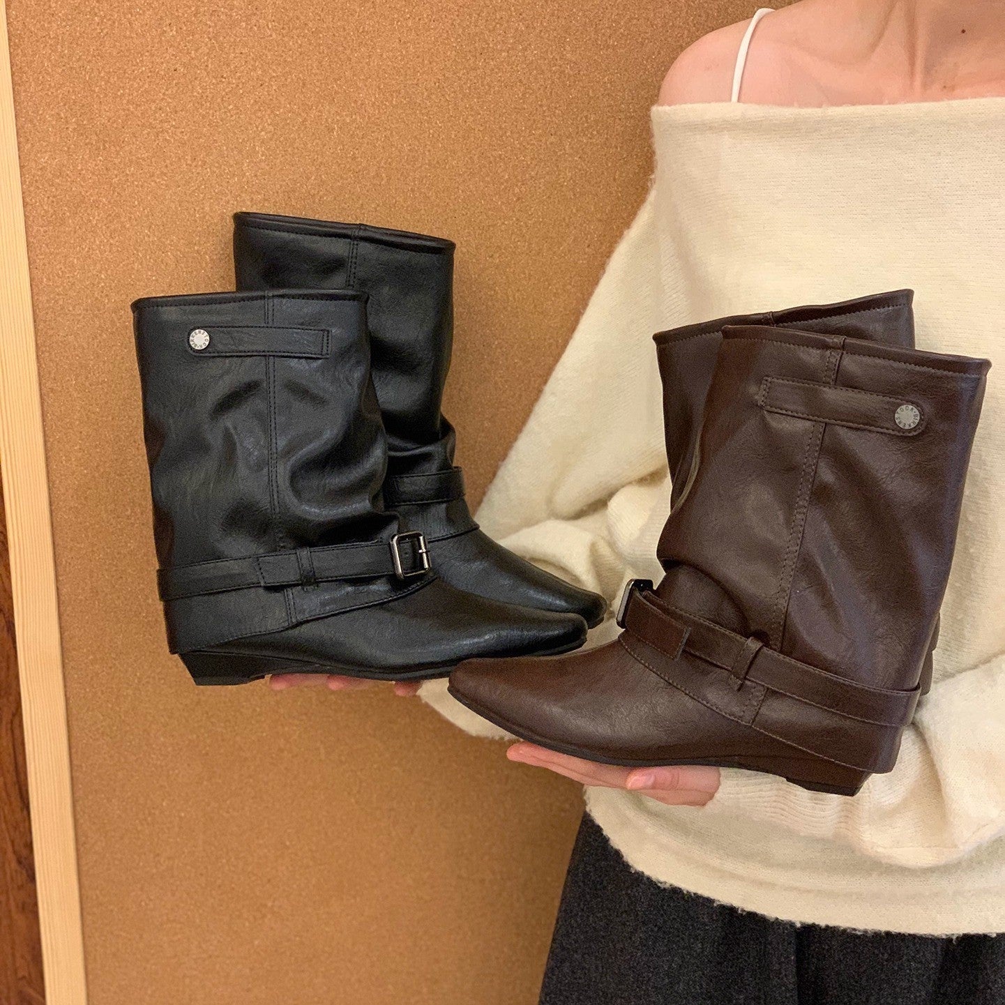 Damen Stiefel Elegante Schnallen Stiefel Schwarz Modisch