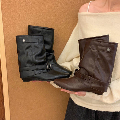 Damen Stiefel Elegante Schnallen Stiefel Schwarz Modisch
