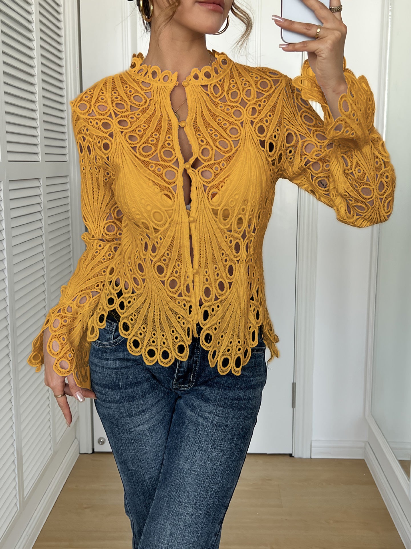Elegante Damen Bluse Spitze Cut-Outs Figurformend