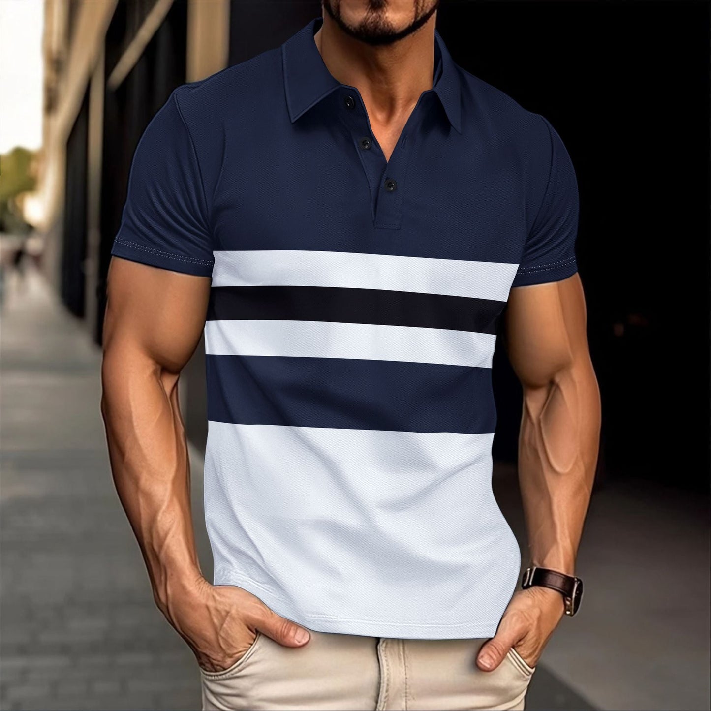 Herren Poloshirt Streifenoptik Atmungsaktiv Marineblaue Farbe