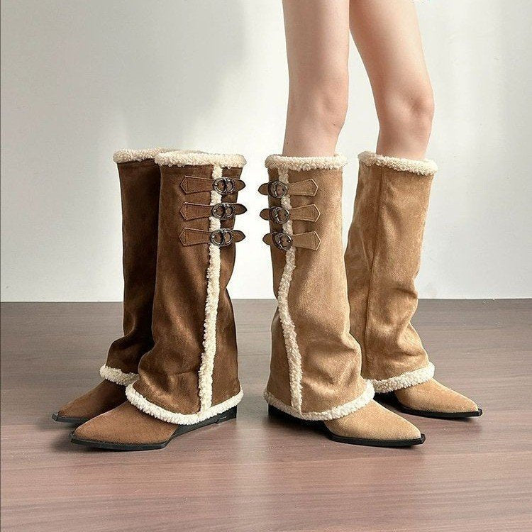 Damen Stiefel Hoch mit Kunstfellkragen Schnürfront Winter