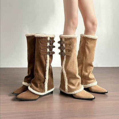 Damen Stiefel Hoch mit Kunstfellkragen Schnürfront Winter