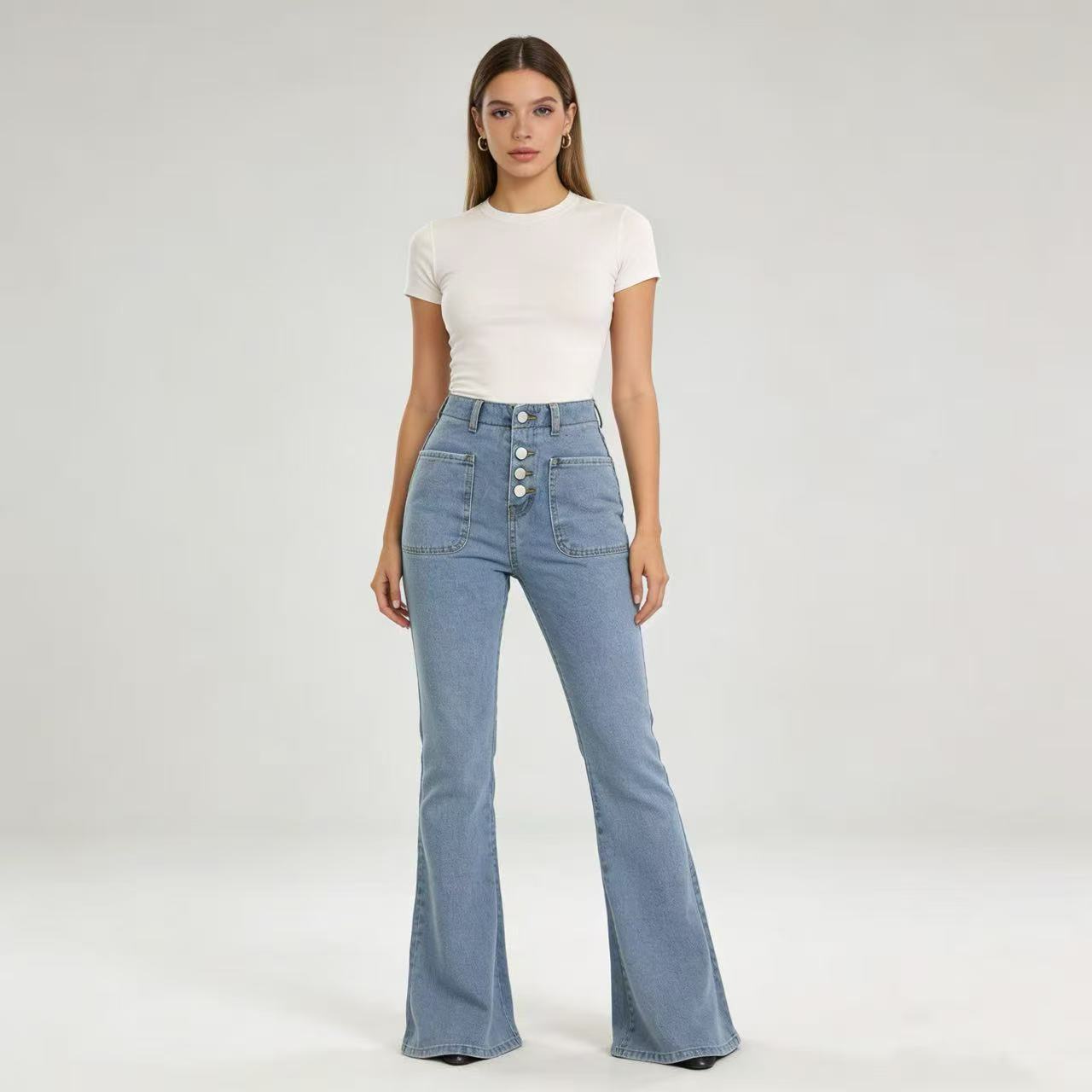 Damen Jeans Bootcut High Waist Knopfleiste
