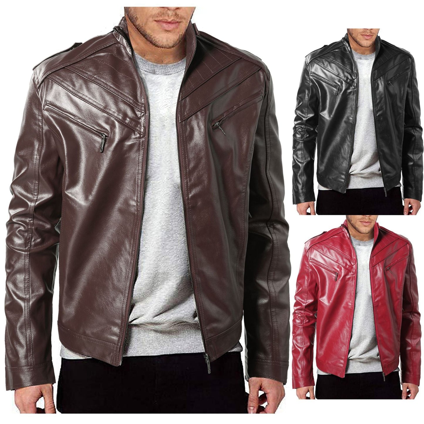 Herren Lederjacke Bikerstil Steppdetail Schwarz