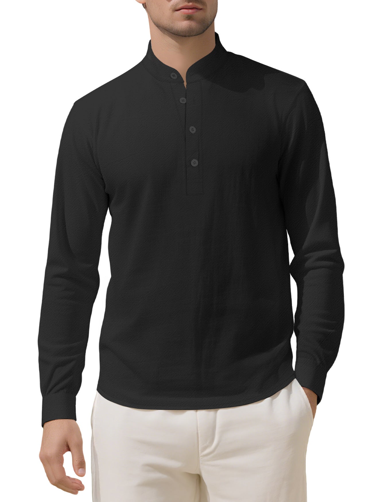 Herren Langarmhemd Elegantes Mit Stehkragen Knöpfe Modern