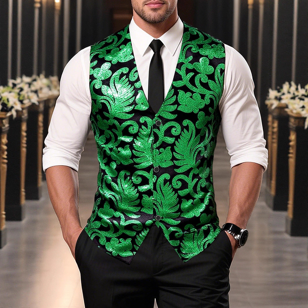 Herren Weste Elegant Pailletten Floralmuster Schwarze Abendweste