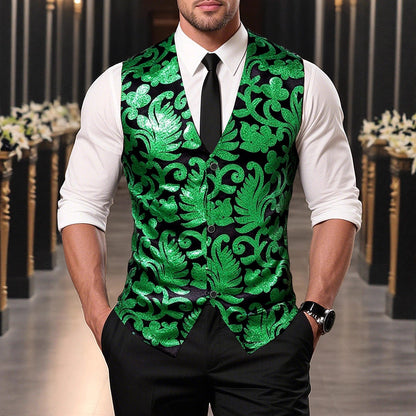 Herren Weste Elegant Pailletten Floralmuster Schwarze Abendweste