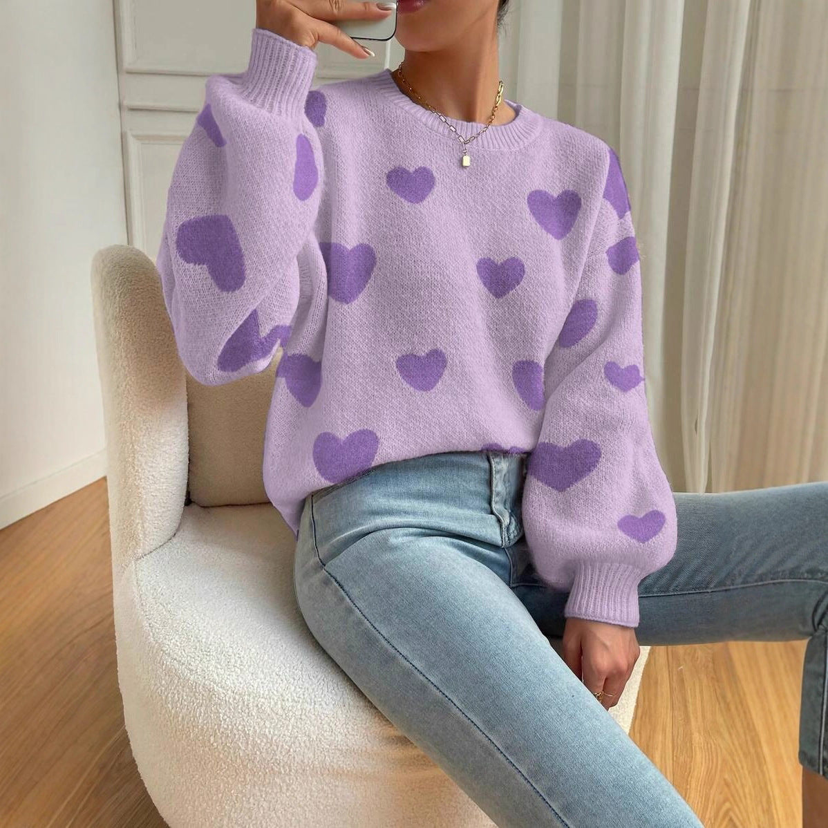 Damen Pullover Weites Herzenmuster Sweater Frauen