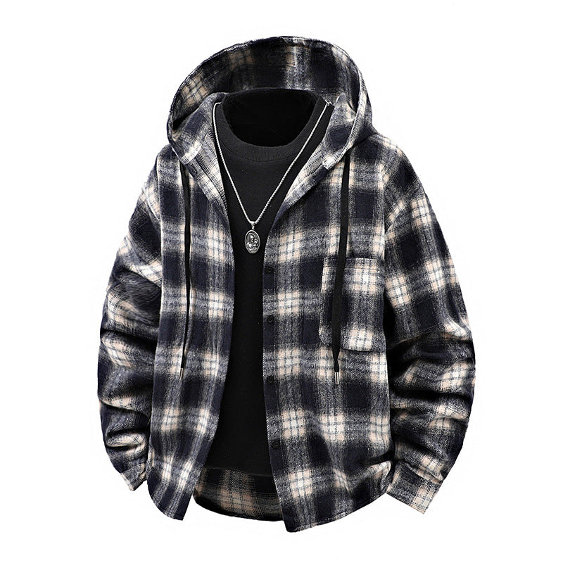 Herren Winterjacke Karomuster Kapuze Knöpfe Modern