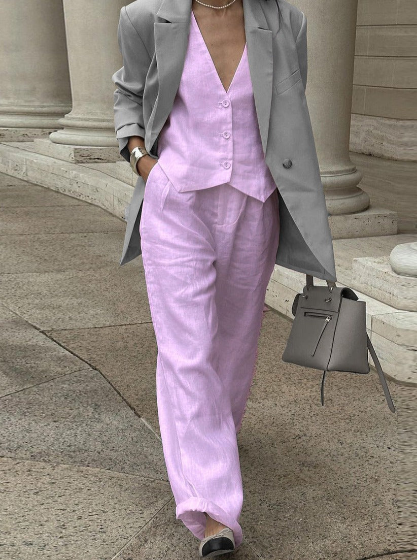 Elegantes Leinen-Set mit Weste und Weitbein-Hose Damen
