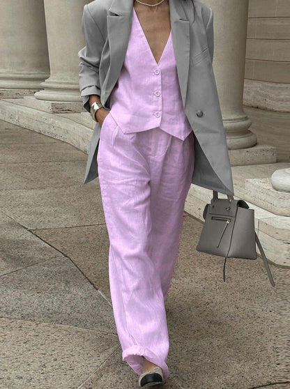 Elegantes Leinen-Set mit Weste und Weitbein-Hose Damen