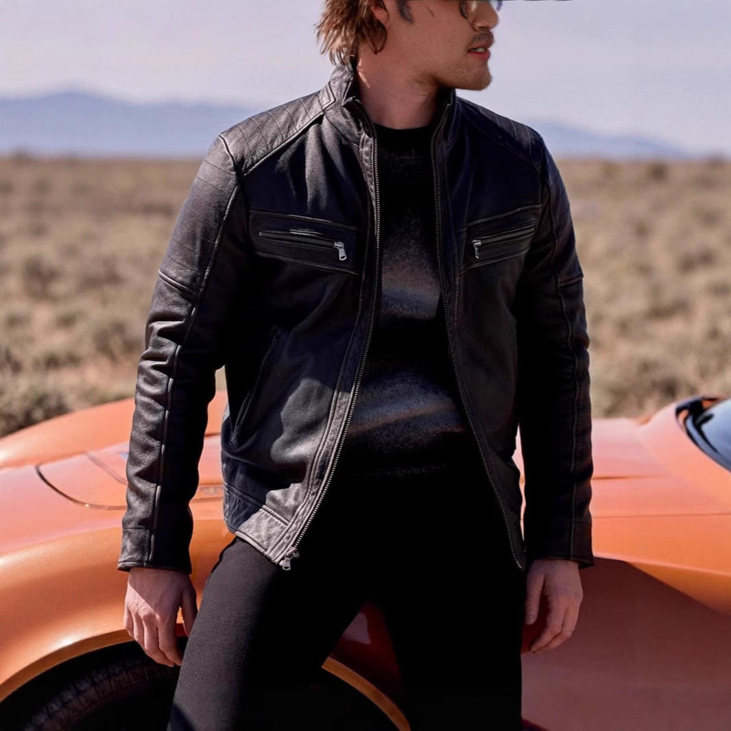 Herren Lederjacke Bikerstyle mit Taschen Schwarz