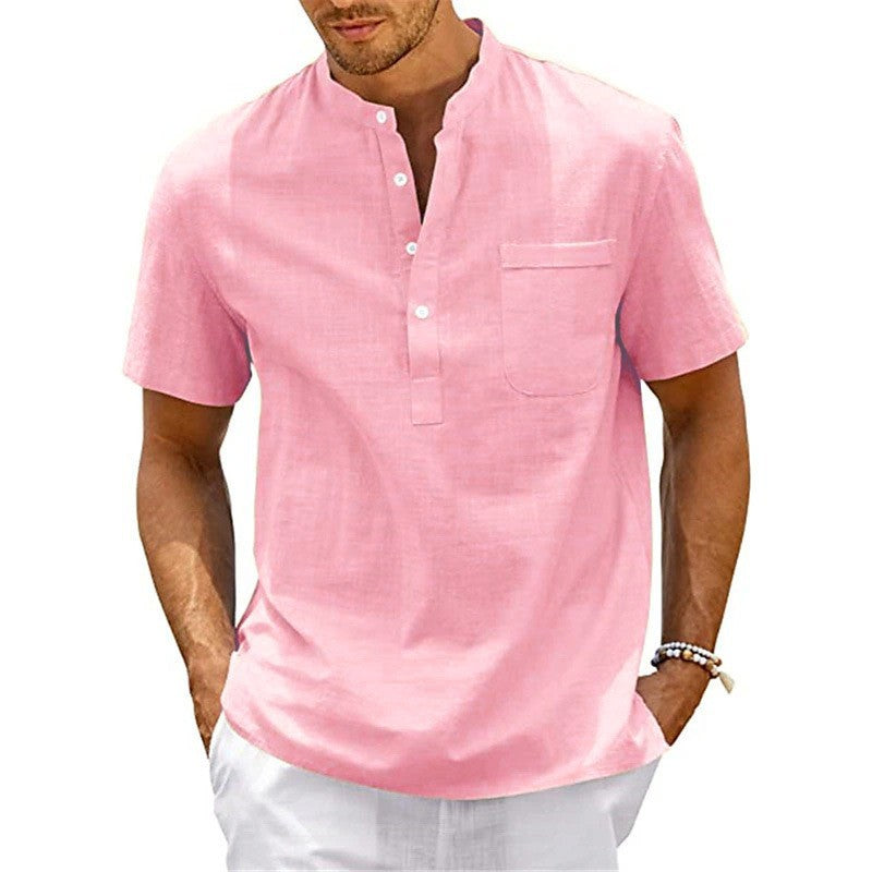 Herren Hemd Kurzarm Modern Henley Kragen mit Brusttasche