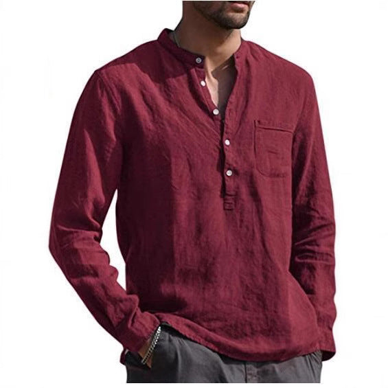 Herren Leinenhemd Modern mit Brusttasche und Henley Ausschnitt