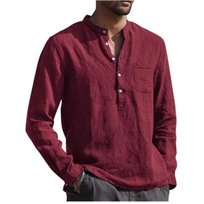 Herren Leinenhemd Modern mit Brusttasche und Henley Ausschnitt
