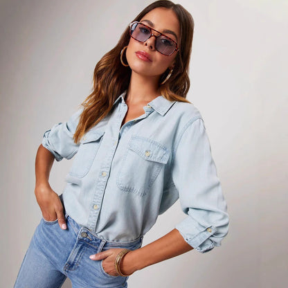 Damen Denim Hemd Umschlagbare Ärmel Zwei Taschen Modern
