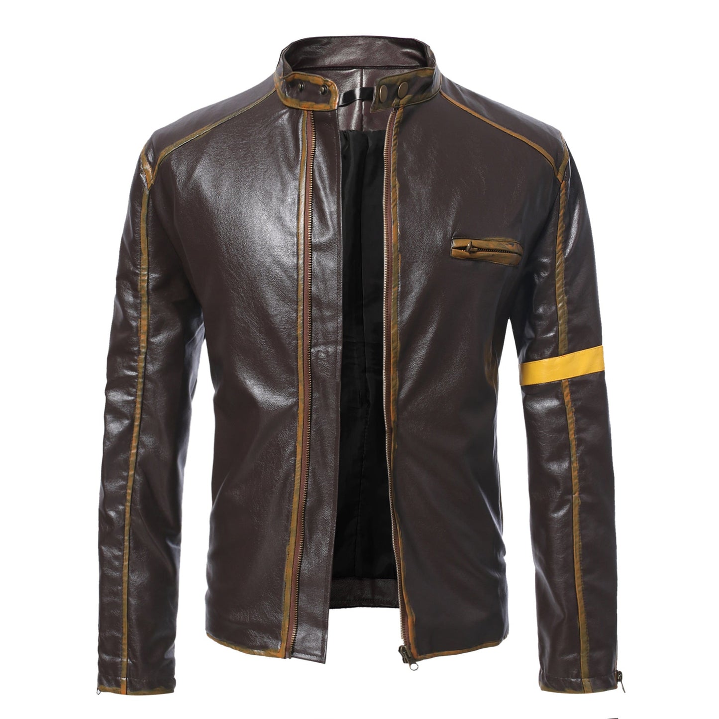 Lederjacke Herren Stehkragen Schwarz Ledermantel