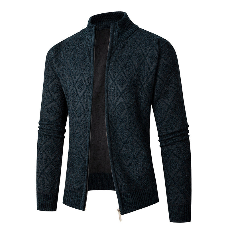 Herren Strickjacke Rautenmuster Hochkragen Modern