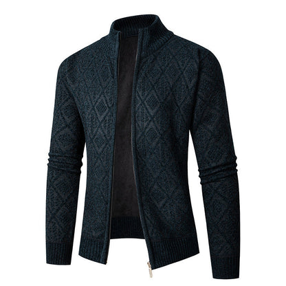 Herren Strickjacke Rautenmuster Hochkragen Modern
