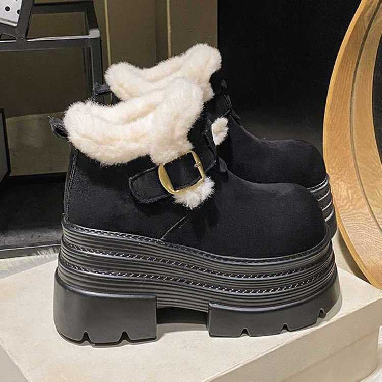 Damen Plateau Stiefeletten Flauschig Warm mit Schnalle