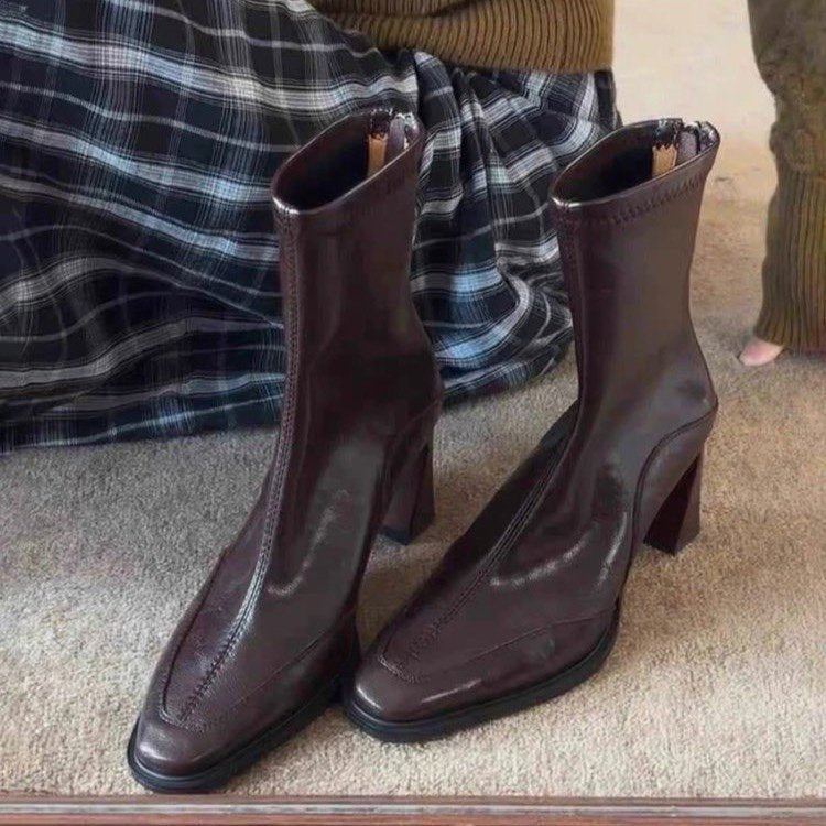 Damen Stiefeletten Elegante Schnitt Blockabsatz Schwarz