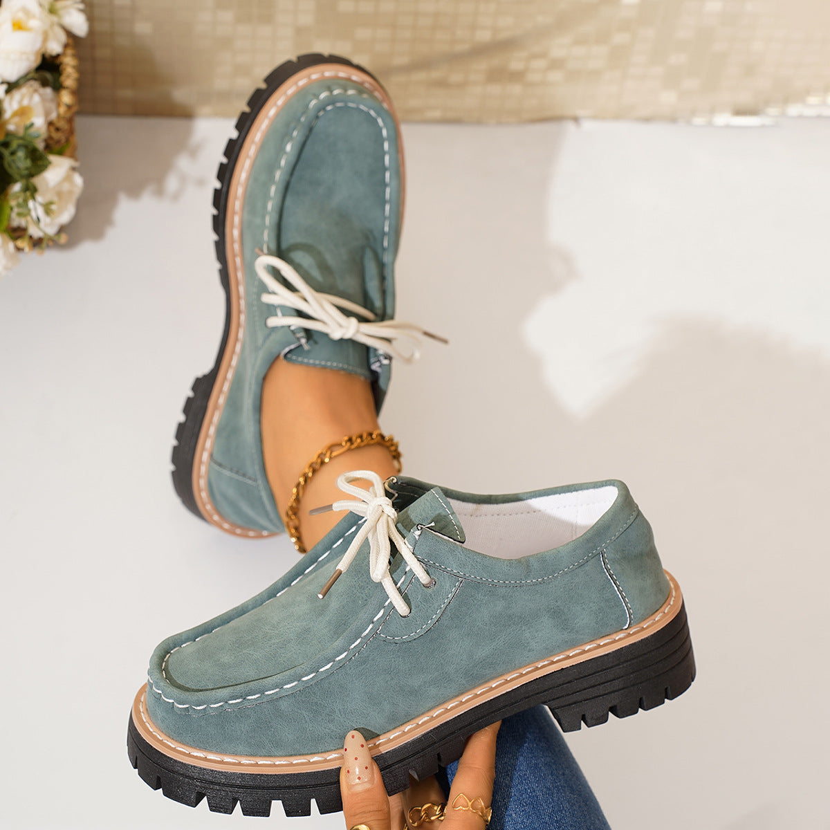 Damen Schnürschuhe Robustes Profil Feines Leder Schwarz