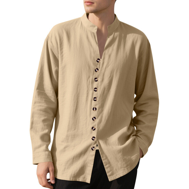 Herren Langarmhemd Elegantes Stehkragenhemd Mit Knöpfen Schwarzes Hemd