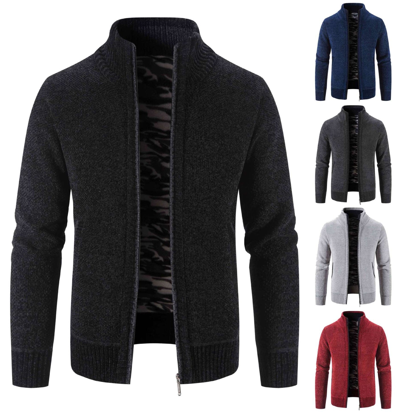 Herren Strickjacke Warm mit Kragen und Reißverschlusstaschen