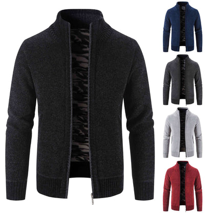 Herren Strickjacke Warm mit Kragen und Reißverschlusstaschen