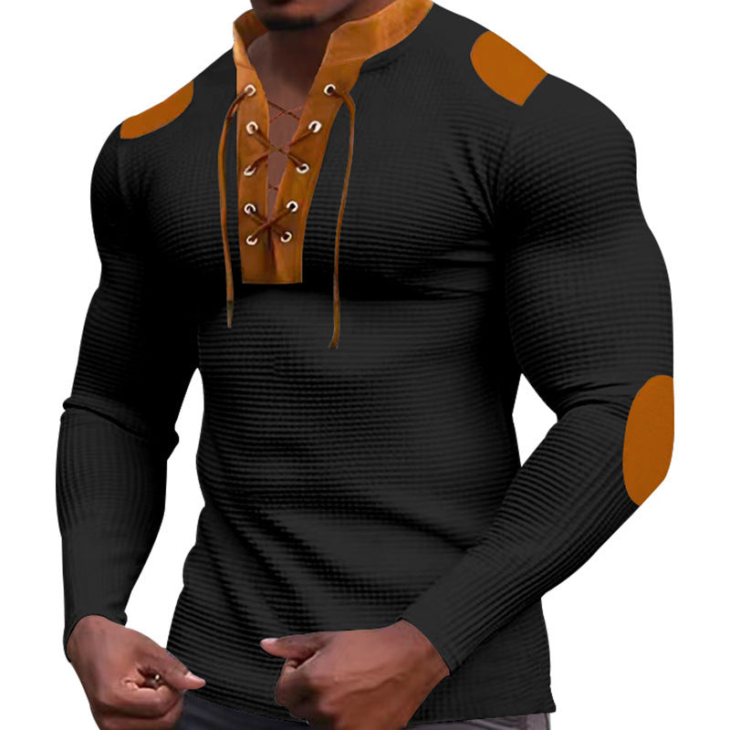der neue Titel: Herren Langarm-Henley-Shirt mit strukturiertem Gewebe und modischem Schnürdesign