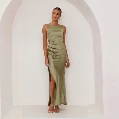 Damen Maxikleid Elegant Satin Hochgeschlitzt Abendkleid