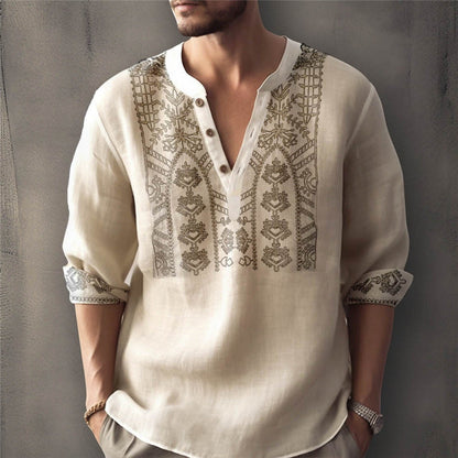 Herren Leinenhemd Traditionelles Handstickdesign Elegent