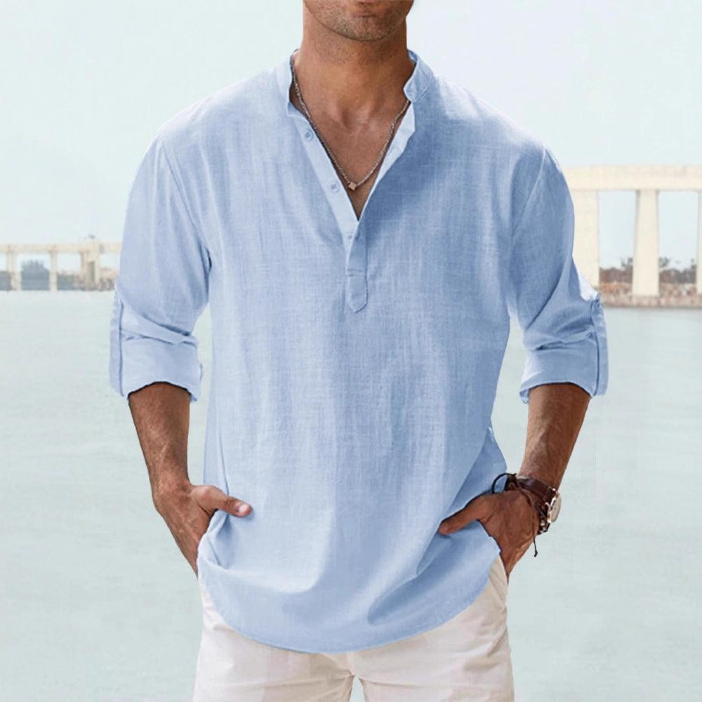 Herren Leinenhemd Modern Stehkragen KnopfleisteSlim Fit