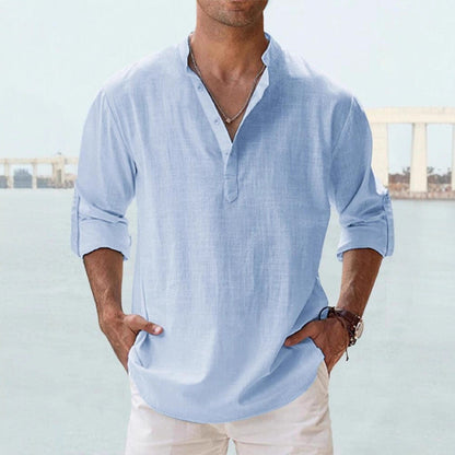 Herren Leinenhemd Modern Stehkragen KnopfleisteSlim Fit