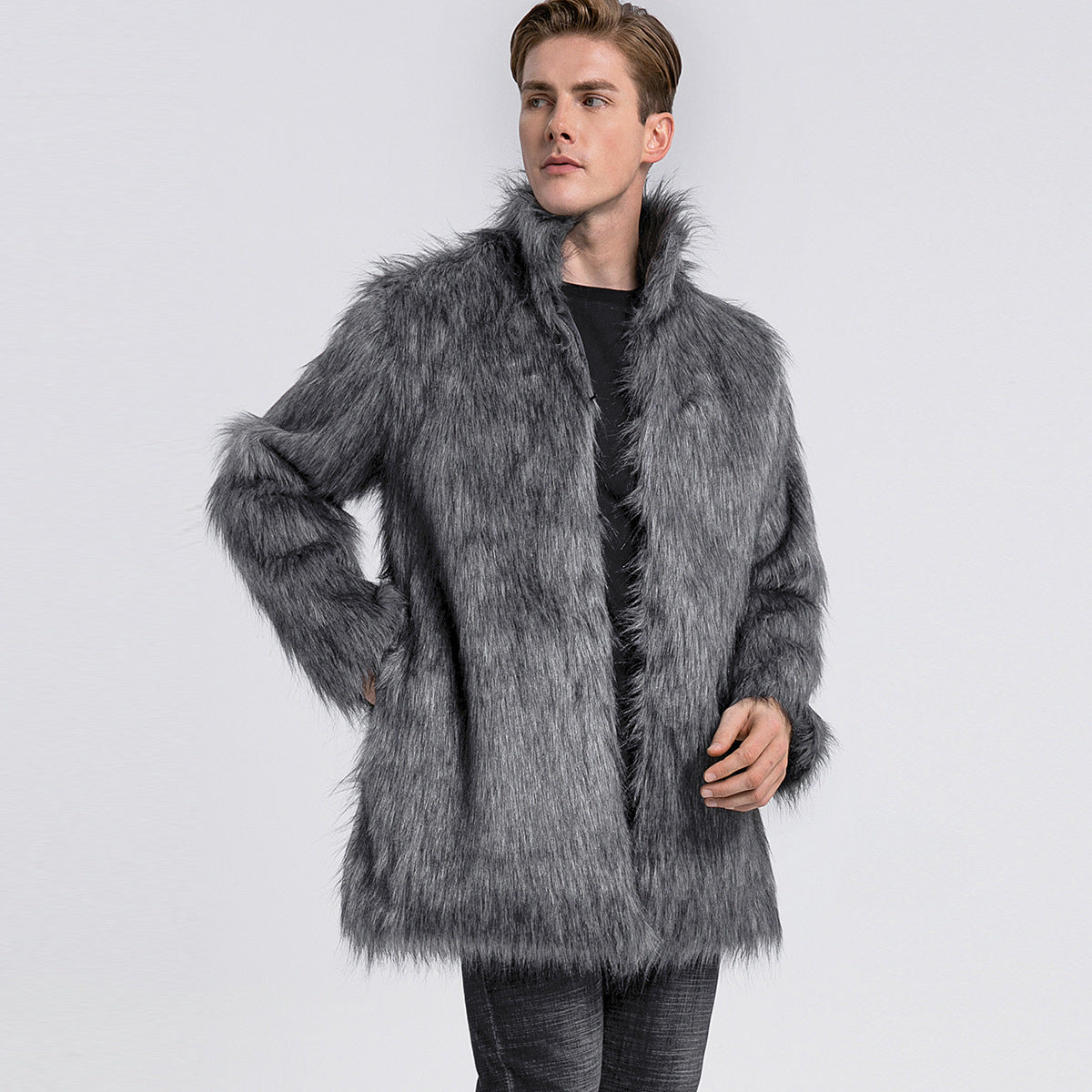 Herren Kunstfellmantel Lang Open Kragen Elegant Schwarz
