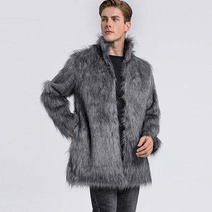 Herren Kunstfellmantel Lang Open Kragen Elegant Schwarz
