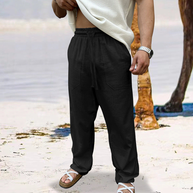Herren Leinenhose Bequem Elastisch mit Taschen