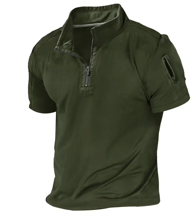 Herren T-Shirt Kurzarm Stehkragen Reißverschluss Tasche Modern
