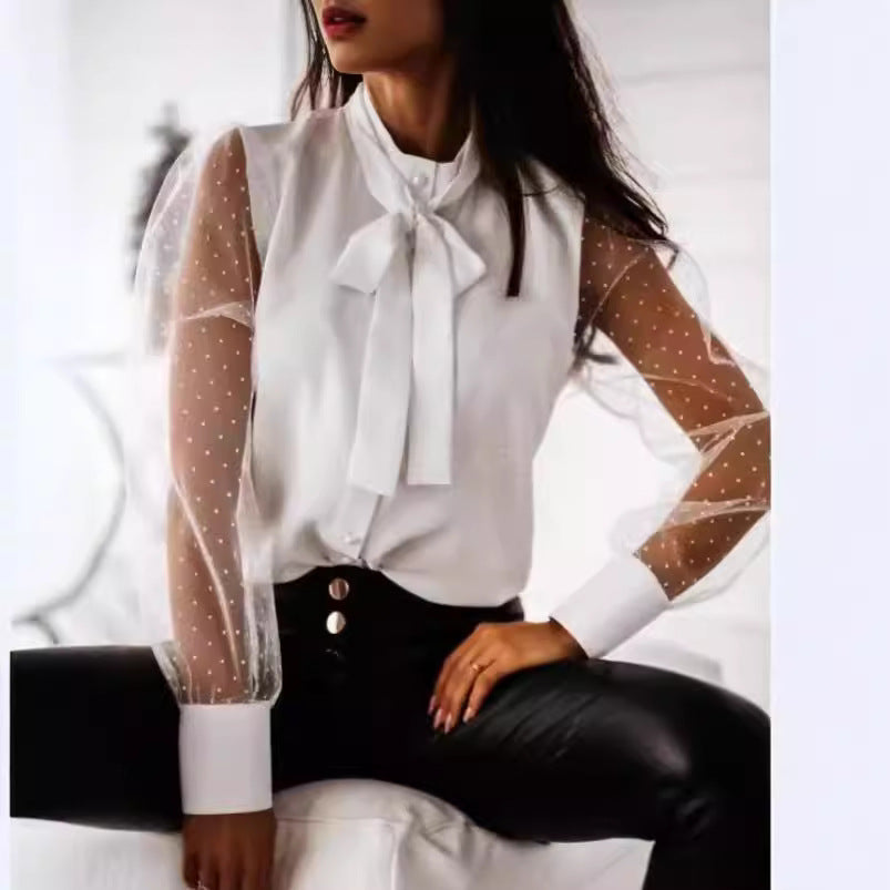 Damen Bluse Transparent Ärmel Elegante Bluse mit Schleife