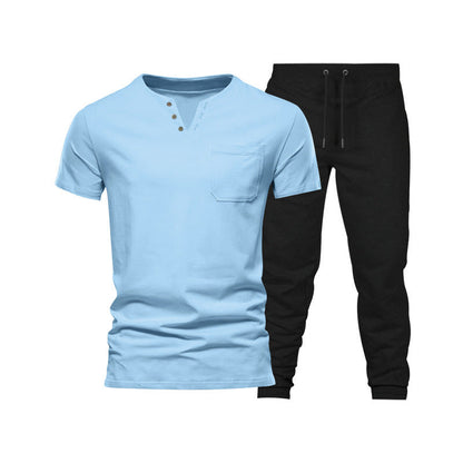 Herren Henley Set Kurzarm mit Brusttasche und Jogginghose Bequem