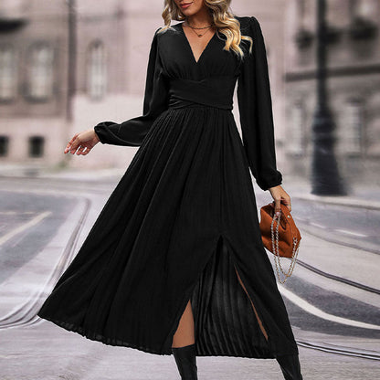 Damen Maxikleid V-Ausschnitt Langärmlig Elegantes Abendkleid - BerlinGlamour