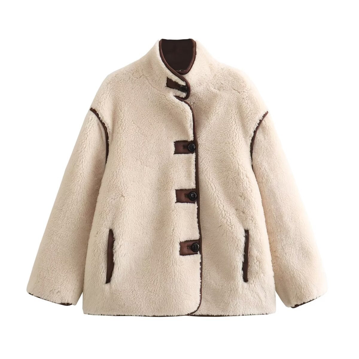 Damen Teddyjacke Stehkragen mit Taschen Warme Winterjacke