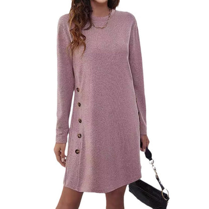 Damen Sweatkleid Langärmlig Knopfleiste Bequem Modern