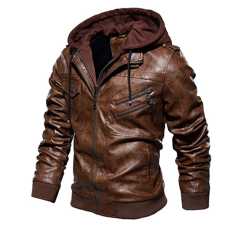 Herren Lederjacke Lässig Mit Kapuze Viel Taschen - BerlinGlamour