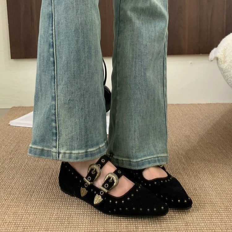 Damen Ballerinas Elegant Schnalle Nieten Schuhe Modern