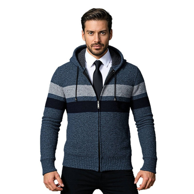 Herren Strickjacke Kapuze Modern Zipper Schwarz