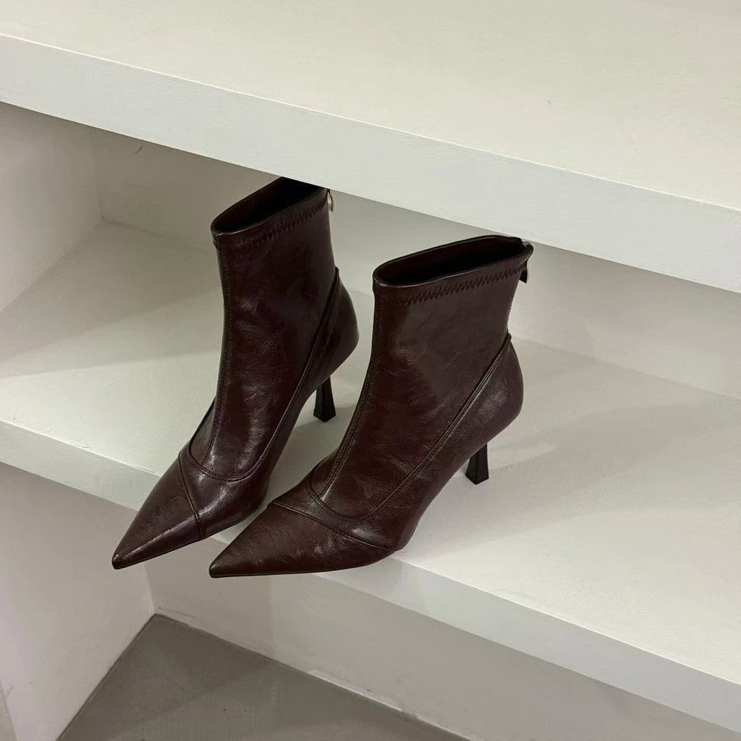 Damen Stiefeletten Leder Elegant Spitze Absatz Schuhe