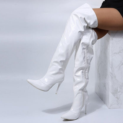 Damen Stiefel Hoch Spitze Glänzend Schwarz