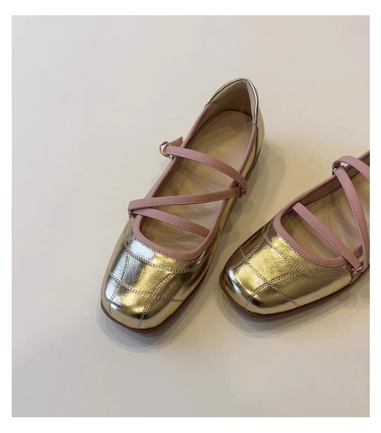 Damen Ballerinas Glänzend Moderne Kreuzriemen Schuhe