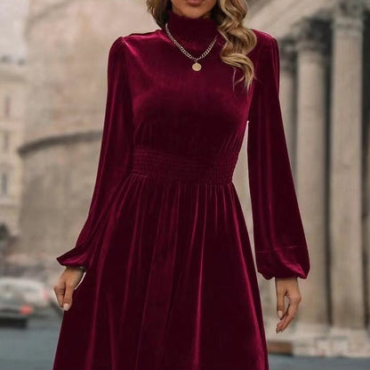 Elegantes Damen Samtkleid Langärmlig Hochgeschlossen